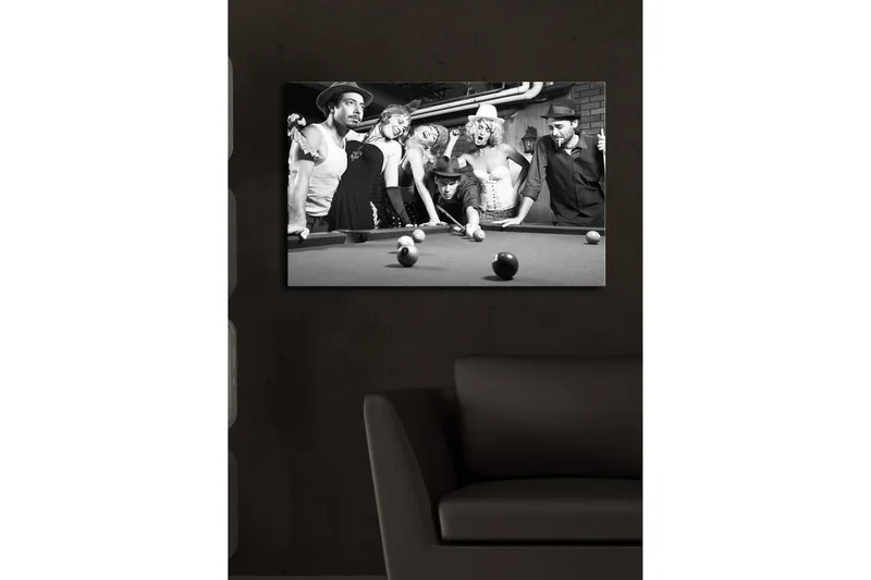 Canvas-taulu LED-valaistuksella 45x70 cm - Ryhmä ihmisiä vintage-tyyliin pelaamassa biljardia - Musta / Valkoinen / Harmaa - Sisustustuotteet - Taulu & taide - Canvas-taulu