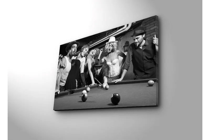 Canvas-taulu LED-valaistuksella 45x70 cm - Ryhmä ihmisiä vintage-tyyliin pelaamassa biljardia - Musta / Valkoinen / Harmaa - Sisustustuotteet - Taulu & taide - Canvas-taulu