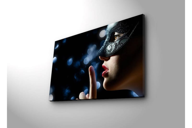 Canvas-taulu LED-valaistuksella 45x70 cm - Salaperäinen nainen naamioineen tekee hiljaisuuden eleen - Musta / Ihonväri / Punainen - Sisustustuotteet - Taulu & taide - Canvas-taulu