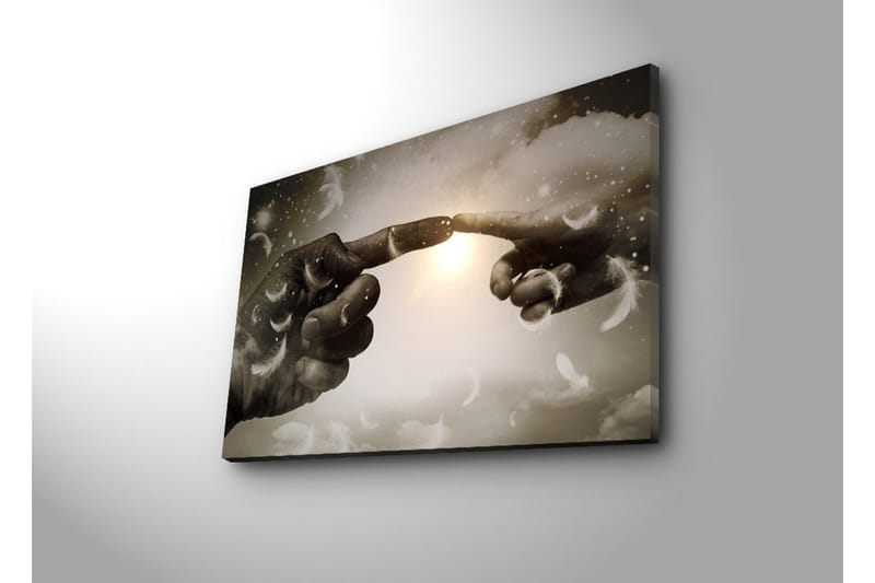 Canvas-taulu LED-valaistuksella 45x70 cm - Sormet melkein kohtaavat taivaallisessa ympäristössä - Harmaa / Valkoinen / Beige - Sisustustuotteet - Taulu & taide - Canvas-taulu
