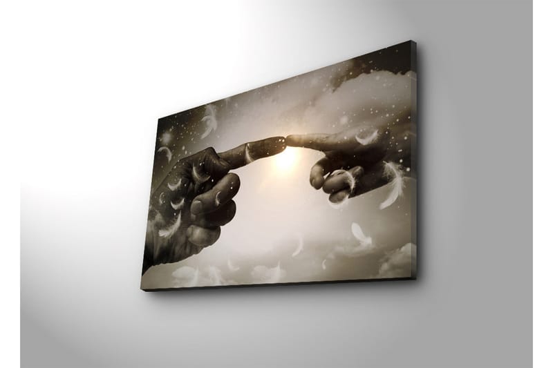 Canvas-taulu LED-valaistuksella 45x70 cm - Sormet melkein kohtaavat taivaallisessa ympäristössä - Harmaa / Valkoinen / Beige - Sisustustuotteet - Taulu & taide - Canvas-taulu