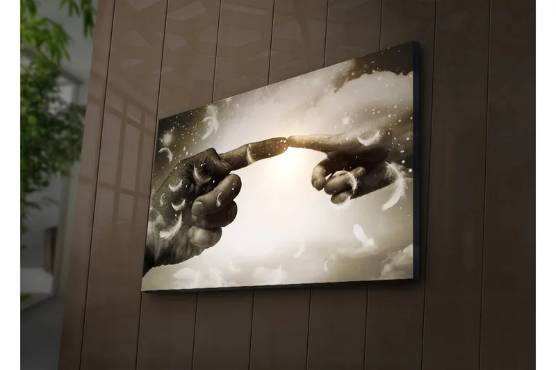 Canvas-taulu LED-valaistuksella 45x70 cm - Sormet melkein kohtaavat taivaallisessa ympäristössä - Harmaa / Valkoinen / Beige - Sisustustuotteet - Taulu & taide - Canvas-taulu