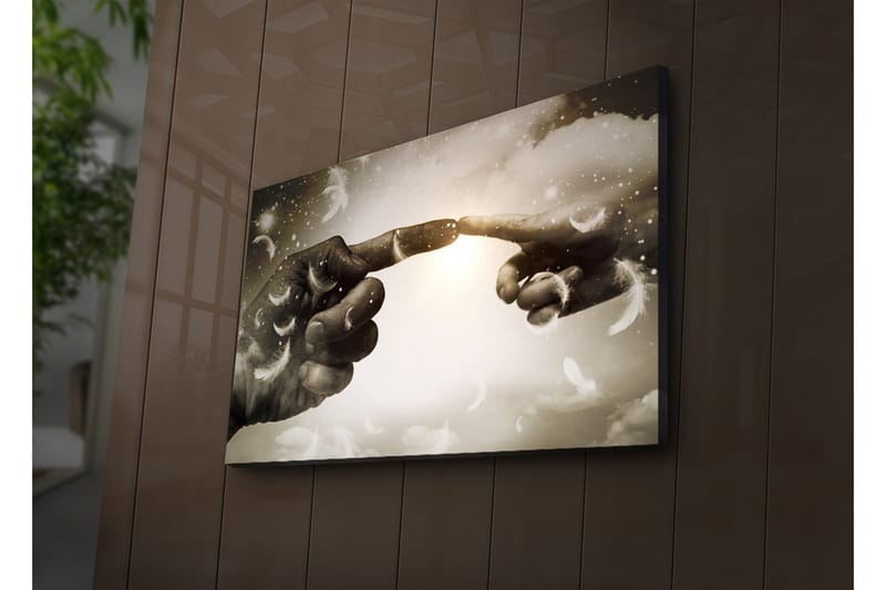 Canvas-taulu LED-valaistuksella 45x70 cm - Sormet melkein kohtaavat taivaallisessa ympäristössä - Harmaa / Valkoinen / Beige - Sisustustuotteet - Taulu & taide - Canvas-taulu