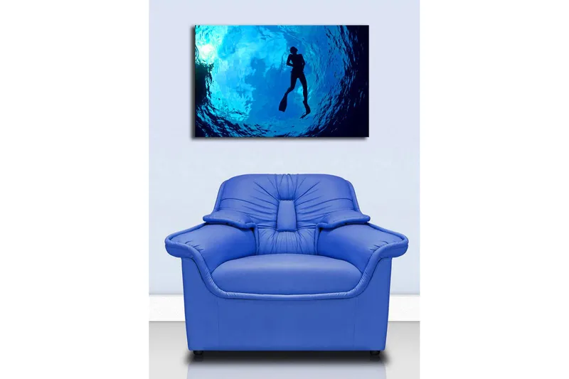 Canvas-taulu LED-valaistuksella 45x70 cm - Sukeltajan siluetti kirkkaan sinisessä vedessä - Tummansininen / Vaaleansininen - Sisustustuotteet - Taulu & taide - Canvas-taulu