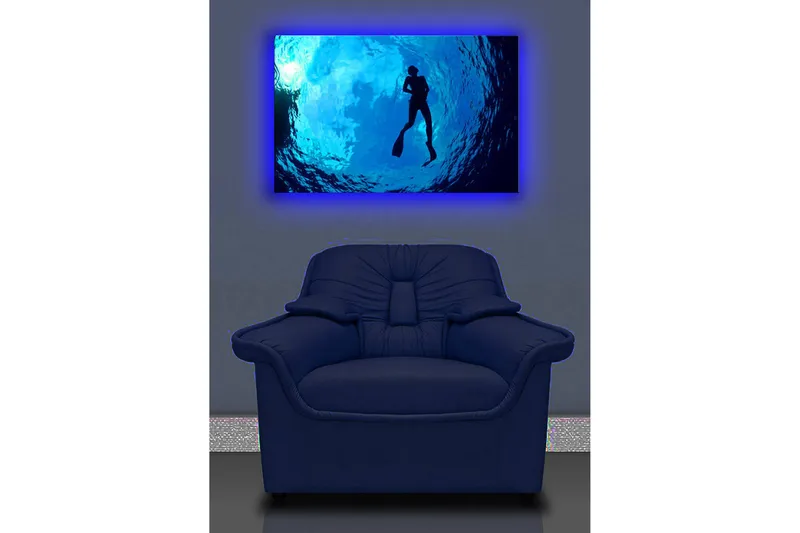 Canvas-taulu LED-valaistuksella 45x70 cm - Sukeltajan siluetti kirkkaan sinisessä vedessä - Tummansininen / Vaaleansininen - Sisustustuotteet - Taulu & taide - Canvas-taulu