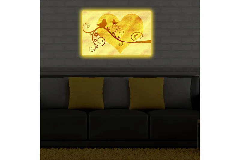 Canvas-taulu LED-valaistuksella 45x70 cm - Sydämenmuotoinen sommitelma linnuilla ja kukilla - Kulta / Ruskea - Sisustustuotteet - Taulu & taide - Canvas-taulu