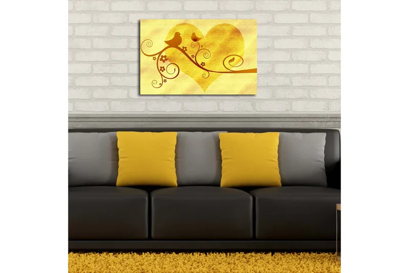 Canvas-taulu LED-valaistuksella 45x70 cm - Sydämenmuotoinen sommitelma linnuilla ja kukilla - Kulta / Ruskea - Sisustustuotteet - Taulu & taide - Canvas-taulu