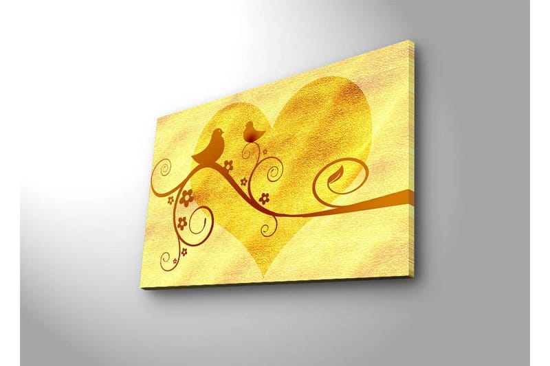 Canvas-taulu LED-valaistuksella 45x70 cm - Sydämenmuotoinen sommitelma linnuilla ja kukilla - Kulta / Ruskea - Sisustustuotteet - Taulu & taide - Canvas-taulu