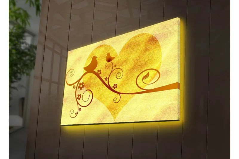 Canvas-taulu LED-valaistuksella 45x70 cm - Sydämenmuotoinen sommitelma linnuilla ja kukilla, Kulta / Ruskea