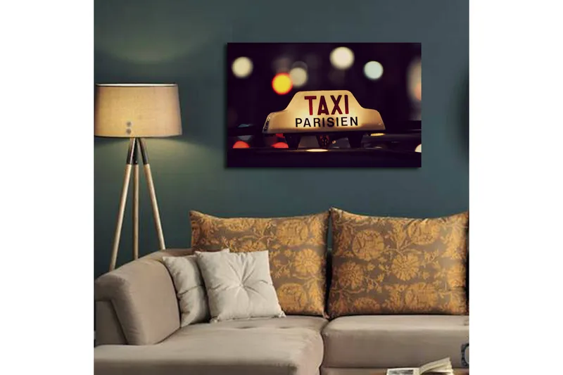 Canvas-taulu LED-valaistuksella 45x70 cm - Taksikyltti ranskankielisellä tekstillä kaupunkiympäristössä - Keltainen / Musta / Punainen - Sisustustuotteet - Taulu & taide - Canvas-taulu