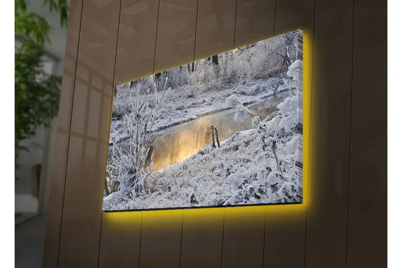 Canvas-taulu LED-valaistuksella 45x70 cm - Talvimaisema lumipeitteisillä puilla ja peilimäisellä veden pinnalla, Valkoinen / Harmaa / Vaaleansininen