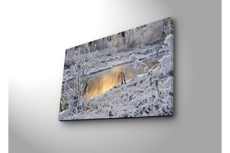Canvas-taulu LED-valaistuksella 45x70 cm - Talvimaisema lumipeitteisillä puilla ja peilimäisellä veden pinnalla - Valkoinen / Harmaa / Vaaleansininen - Sisustustuotteet - Taulu & taide - Canvas-taulu