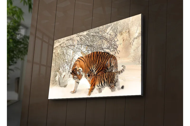 Canvas-taulu LED-valaistuksella 45x70 cm - Tiikerit leikkivät lumessa - Oranssi / Valkoinen / Musta - Sisustustuotteet - Taulu & taide - Canvas-taulu