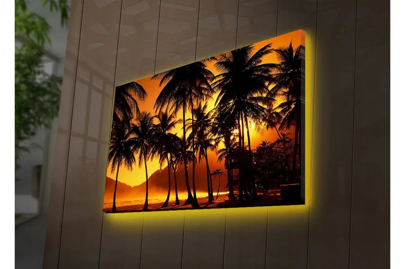 Canvas-taulu LED-valaistuksella 45x70 cm - Trooppinen auringonlasku palmujen siluettina, Oranssi / Musta