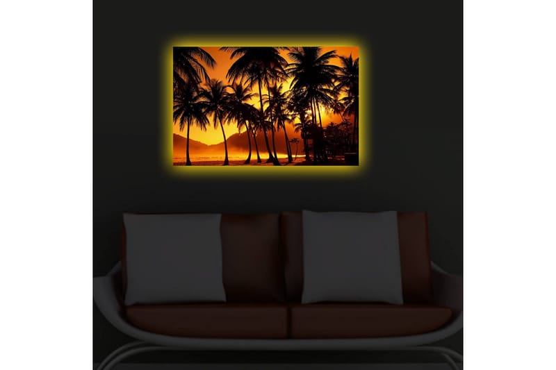 Canvas-taulu LED-valaistuksella 45x70 cm - Trooppinen auringonlasku palmujen siluettina - Oranssi / Musta - Sisustustuotteet - Taulu & taide - Canvas-taulu