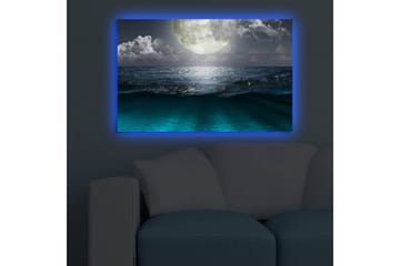 Canvas-taulu LED-valaistuksella 45x70 cm - Upea kuu myrskyisän meren yllä - Tummansininen / Turkoosi / Harmaa - Sisustustuotteet - Taulu & taide - Canvas-taulu