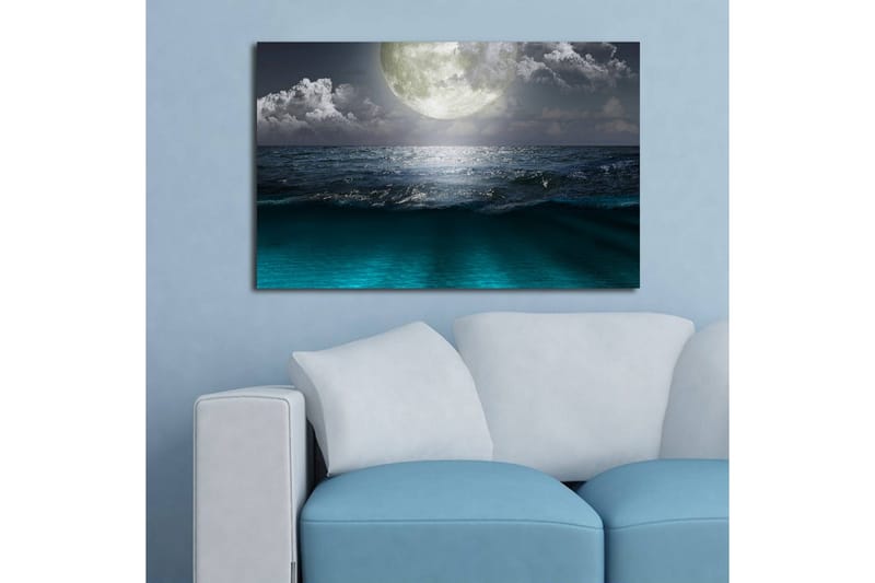 Canvas-taulu LED-valaistuksella 45x70 cm - Upea kuu myrskyisän meren yllä - Tummansininen / Turkoosi / Harmaa - Sisustustuotteet - Taulu & taide - Canvas-taulu