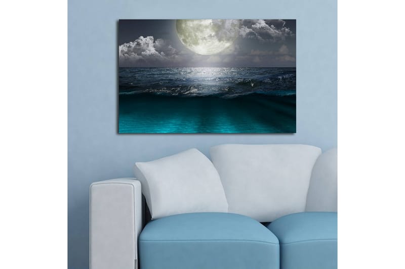 Canvas-taulu LED-valaistuksella 45x70 cm - Upea kuu myrskyisän meren yllä - Tummansininen / Turkoosi / Harmaa - Sisustustuotteet - Taulu & taide - Canvas-taulu