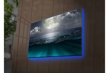 Canvas-taulu LED-valaistuksella 45x70 cm - Upea kuu myrskyisän meren yllä - Tummansininen / Turkoosi / Harmaa - Sisustustuotteet - Taulu & taide - Canvas-taulu