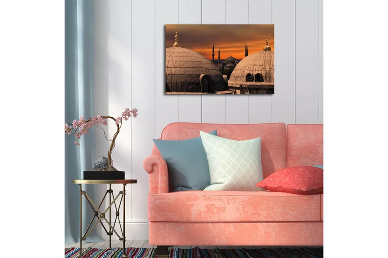 Canvas-taulu LED-valaistuksella 45x70 cm - Upea näkymä moskeijoista kupoleineen ja minareetteineen värikkään auringonlaskun aikaan - Kulta / Harmaa / Oranssi - Sisustustuotteet - Taulu & taide - Canvas-taulu