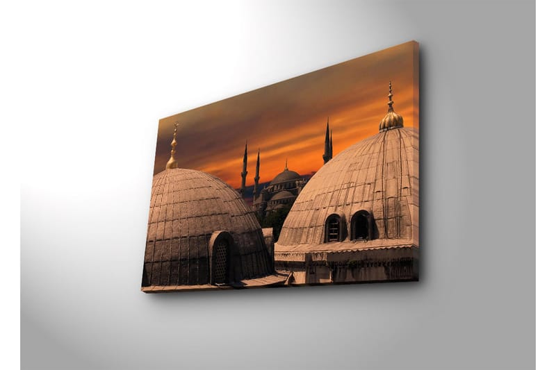 Canvas-taulu LED-valaistuksella 45x70 cm - Upea näkymä moskeijoista kupoleineen ja minareetteineen värikkään auringonlaskun aikaan - Kulta / Harmaa / Oranssi - Sisustustuotteet - Taulu & taide - Canvas-taulu