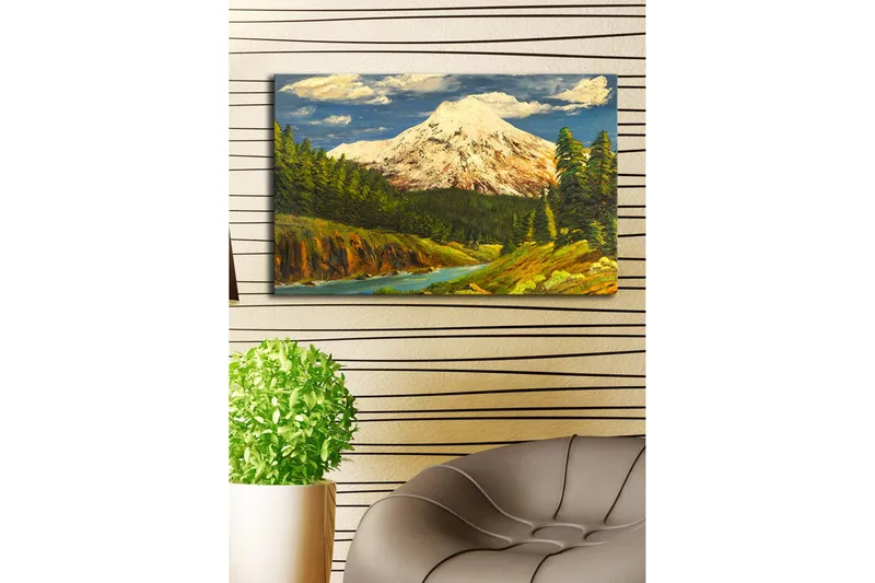 Canvas-taulu LED-valaistuksella 45x70 cm - Upea vuoristomaisema lumihuippuisine vuorenhuippuineen ja rehevine metsineen - Vihreä / Sininen / Valkoinen - Sisustustuotteet - Taulu & taide - Canvas-taulu