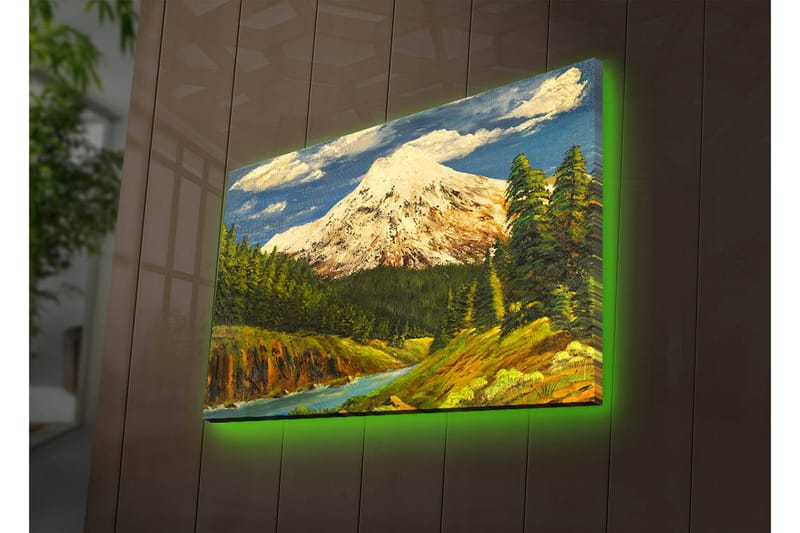 Canvas-taulu LED-valaistuksella 45x70 cm - Upea vuoristomaisema lumihuippuisine vuorenhuippuineen ja rehevine metsineen, Vihreä / Sininen / Valkoinen