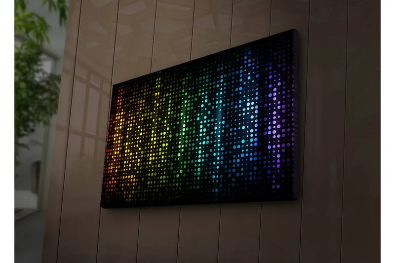 Canvas-taulu LED-valaistuksella 45x70 cm - Värikäs abstrakti sommitelma eri sävyisillä pisteillä, Musta / Sininen / Vihreä