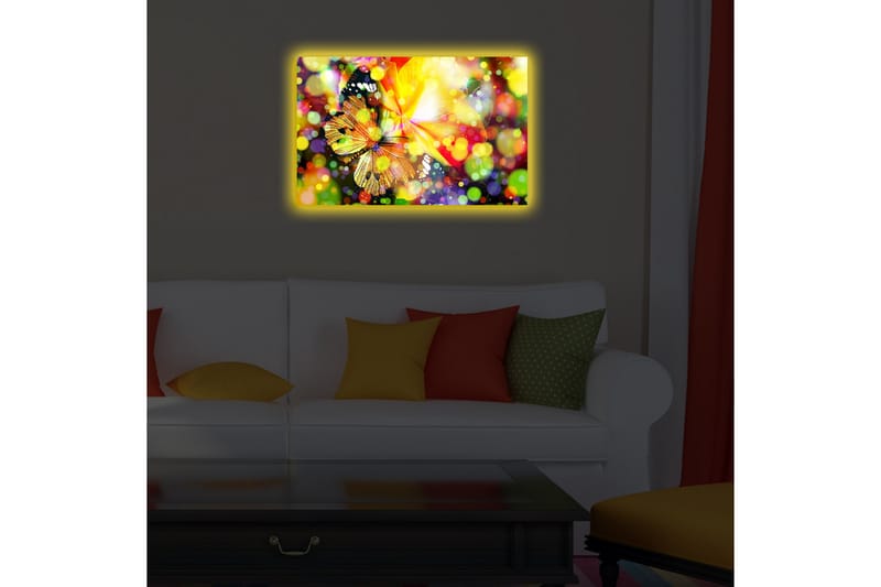 Canvas-taulu LED-valaistuksella 45x70 cm - Värikäs sommitelma perhosilla ja kukilla - Keltainen / Oranssi / Vihreä - Sisustustuotteet - Taulu & taide - Canvas-taulu