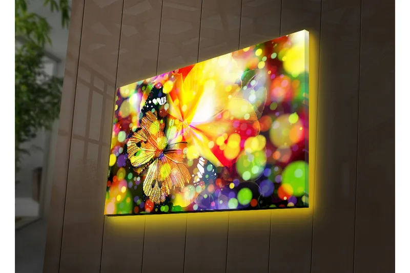 Canvas-taulu LED-valaistuksella 45x70 cm - Värikäs sommitelma perhosilla ja kukilla - Keltainen / Oranssi / Vihreä - Sisustustuotteet - Taulu & taide - Canvas-taulu