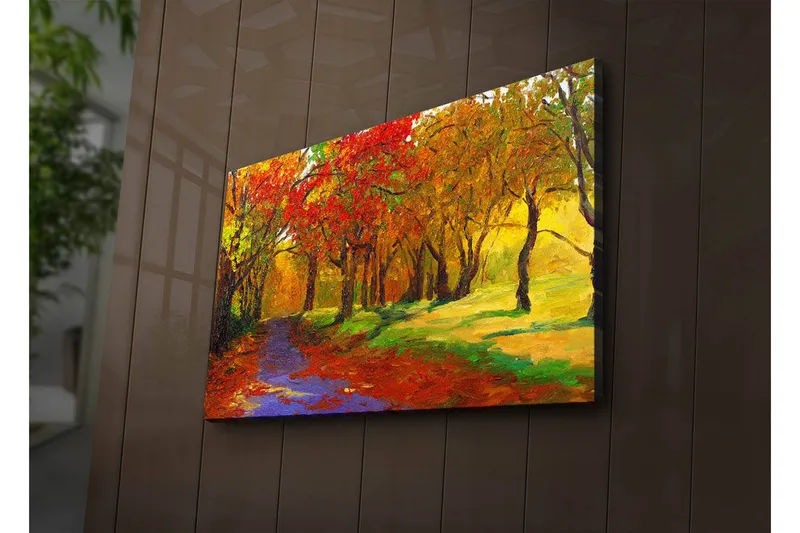 Canvas-taulu LED-valaistuksella 45x70 cm - Värikäs syysmaisema punaisten ja keltaisten sävyjen puilla, Punainen / Keltainen / Vihreä