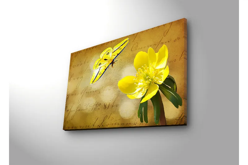 Canvas-taulu LED-valaistuksella 45x70 cm - Värikäs perhonen ja kukka pehmeällä taustalla - Keltainen / Vihreä / Beige - Sisustustuotteet - Taulu & taide - Canvas-taulu