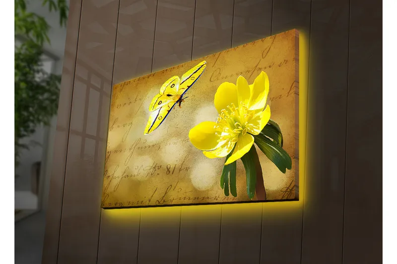 Canvas-taulu LED-valaistuksella 45x70 cm - Värikäs perhonen ja kukka pehmeällä taustalla, Keltainen / Vihreä / Beige