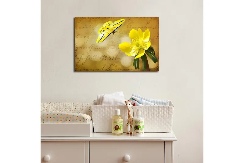 Canvas-taulu LED-valaistuksella 45x70 cm - Värikäs perhonen ja kukka pehmeällä taustalla - Keltainen / Vihreä / Beige - Sisustustuotteet - Taulu & taide - Canvas-taulu