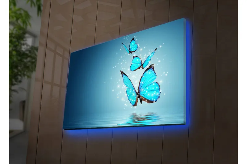 Canvas-taulu LED-valaistuksella 45x70 cm - Värikkäät perhoset leijuvat peilimäisen pinnan yllä - Turkoosi / Sininen / Musta - Sisustustuotteet - Taulu & taide - Canvas-taulu