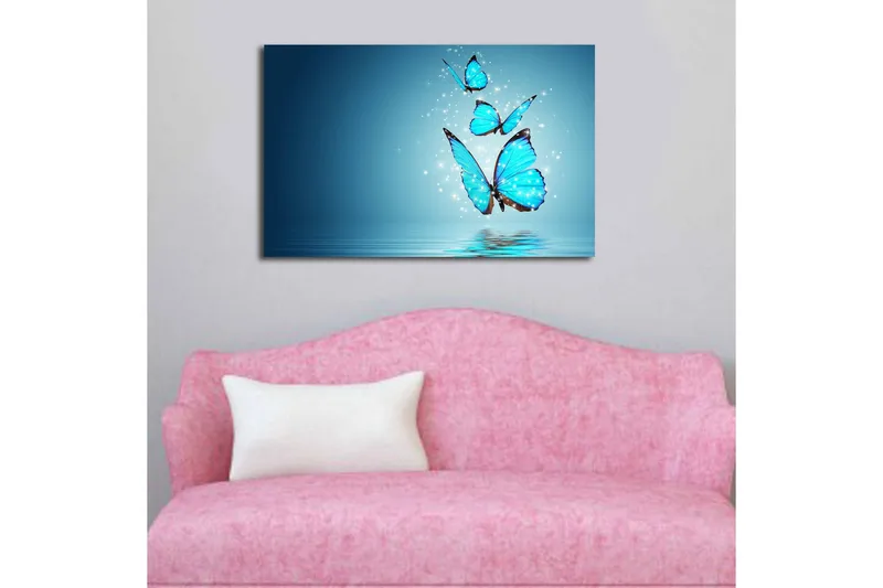 Canvas-taulu LED-valaistuksella 45x70 cm - Värikkäät perhoset leijuvat peilimäisen pinnan yllä - Turkoosi / Sininen / Musta - Sisustustuotteet - Taulu & taide - Canvas-taulu