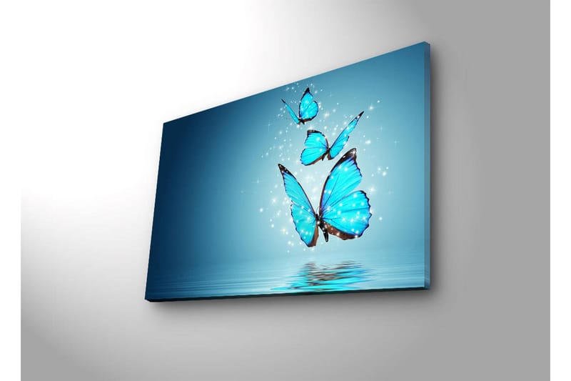 Canvas-taulu LED-valaistuksella 45x70 cm - Värikkäät perhoset leijuvat peilimäisen pinnan yllä - Turkoosi / Sininen / Musta - Sisustustuotteet - Taulu & taide - Canvas-taulu