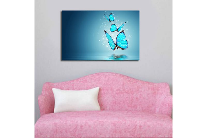 Canvas-taulu LED-valaistuksella 45x70 cm - Värikkäät perhoset leijuvat peilimäisen pinnan yllä - Turkoosi / Sininen / Musta - Sisustustuotteet - Taulu & taide - Canvas-taulu