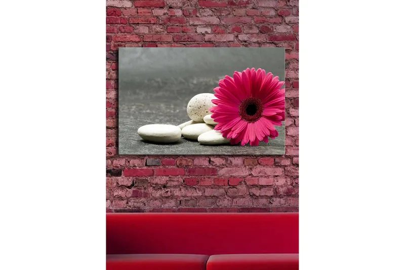 Canvas-taulu LED-valaistuksella 45x70 cm - Vaaleanpunainen kukka valkoisilla kivillä - Vaaleanpunainen / Valkoinen / Harmaa - Sisustustuotteet - Taulu & taide - Canvas-taulu