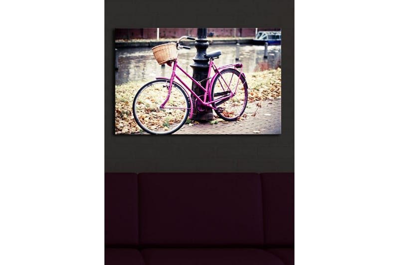 Canvas-taulu LED-valaistuksella 45x70 cm - Vaaleanpunainen polkupyörä korilla katuvalon vieressä - Vaaleanpunainen / Ruskea / Harmaa - Sisustustuotteet - Taulu & taide - Canvas-taulu