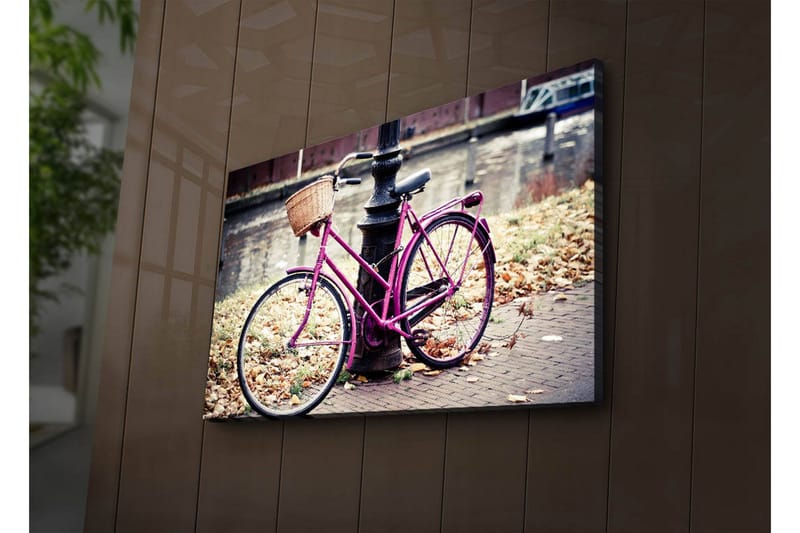 Canvas-taulu LED-valaistuksella 45x70 cm - Vaaleanpunainen polkupyörä korilla katuvalon vieressä - Vaaleanpunainen / Ruskea / Harmaa - Sisustustuotteet - Taulu & taide - Canvas-taulu