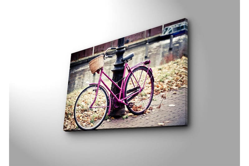 Canvas-taulu LED-valaistuksella 45x70 cm - Vaaleanpunainen polkupyörä korilla katuvalon vieressä - Vaaleanpunainen / Ruskea / Harmaa - Sisustustuotteet - Taulu & taide - Canvas-taulu