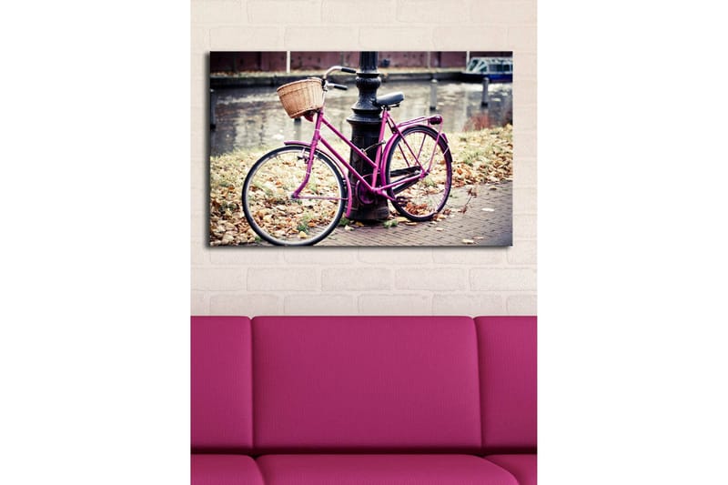 Canvas-taulu LED-valaistuksella 45x70 cm - Vaaleanpunainen polkupyörä korilla katuvalon vieressä - Vaaleanpunainen / Ruskea / Harmaa - Sisustustuotteet - Taulu & taide - Canvas-taulu