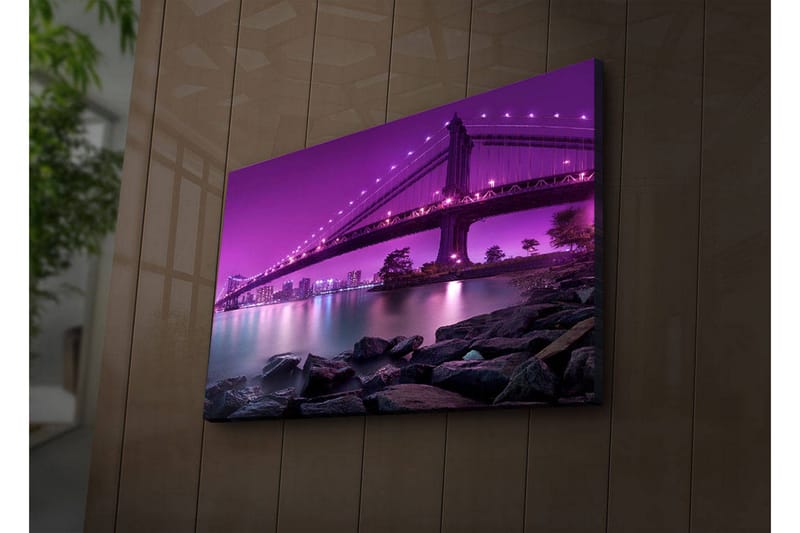 Canvas-taulu LED-valaistuksella 45x70 cm - Vaaleanvioletti silta tyynen veden pinnalla, Vaaleanvioletti / Tummanharmaa / Musta