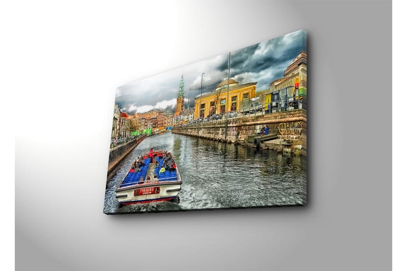 Canvas-taulu LED-valaistuksella 45x70 cm - Veneretki kaupungin kanavaa pitkin värikkäiden rakennusten taustalla - Vihreä / Sininen / Keltainen - Sisustustuotteet - Taulu & taide - Canvas-taulu