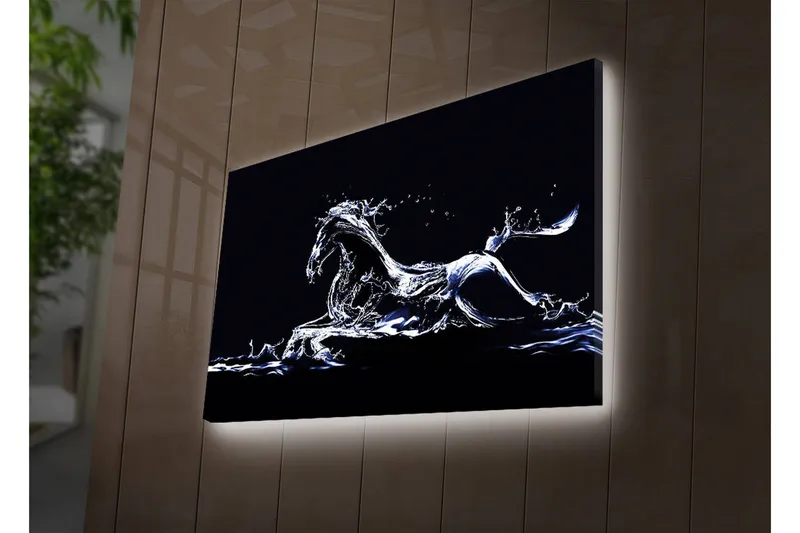 Canvas-taulu LED-valaistuksella 45x70 cm - Vesihevonen dynaamisessa liikkeessä, Sininen / Valkoinen / Musta
