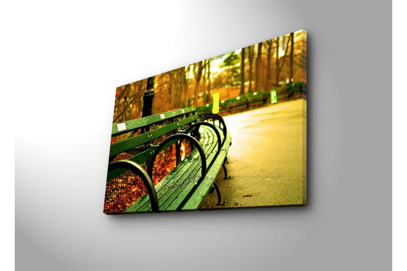 Canvas-taulu LED-valaistuksella 45x70 cm - Vihreä penkki syksyisessä puistoympäristössä - Vihreä / Keltainen / Ruskea - Sisustustuotteet - Taulu & taide - Canvas-taulu