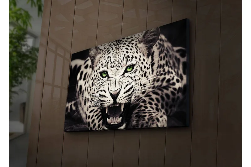 Canvas-taulu LED-valaistuksella 45x70 cm - Villi leopardi intensiivisellä katseella ja avoimella suulla - Valkoinen / Musta / Vihreä - Sisustustuotteet - Taulu & taide - Canvas-taulu