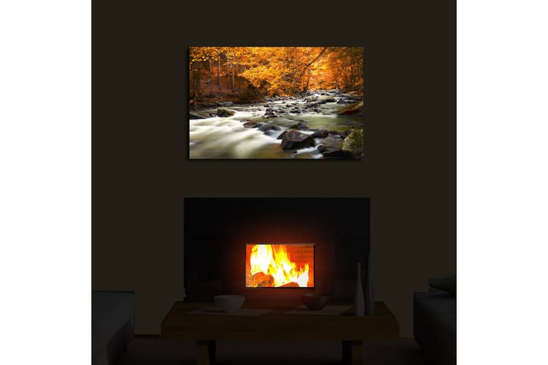 Canvas-taulu LED-valaistuksella 45x70 cm - Virtaavaa vettä syksyn värisen metsän ympäröimänä - Oranssi / Vihreä / Musta - Sisustustuotteet - Taulu & taide - Canvas-taulu