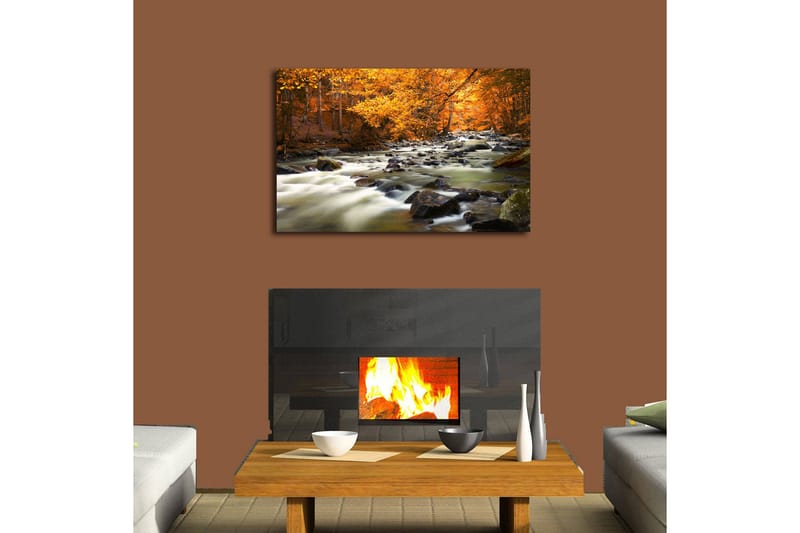 Canvas-taulu LED-valaistuksella 45x70 cm - Virtaavaa vettä syksyn värisen metsän ympäröimänä - Oranssi / Vihreä / Musta - Sisustustuotteet - Taulu & taide - Canvas-taulu